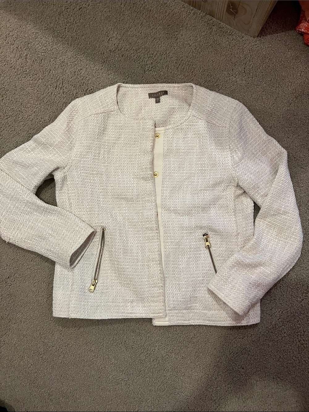 Lilla P Cream Tweed Collarless Jacket with Gold Zippers